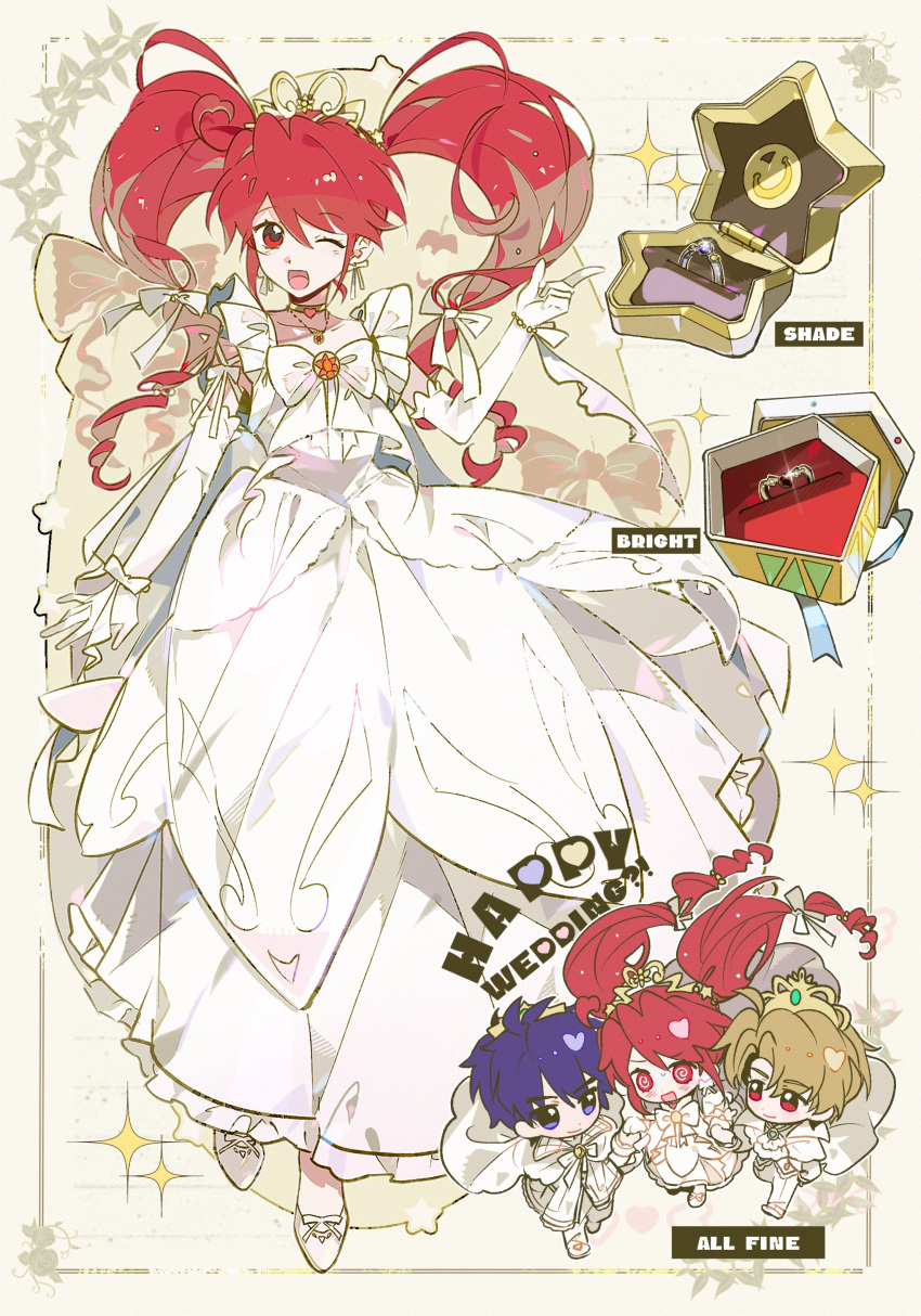 1girl, 2boys, @_@, absurdres, aged_up, blonde_hair, blue_hair, bow