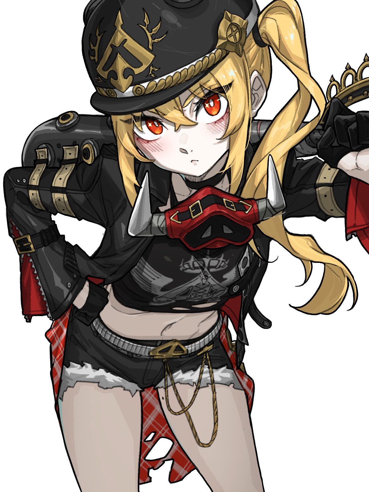 1girl, baseball_bat, belt, black_choker, black_gloves, black_helmet, black_jacket, black_shorts, blonde_hair, blush, brass_knuckles, bright_pupils, choker, closed_mouth, combat_helmet, crop_top, cropped_shirt, crossed_bangs, cutoffs, gloves, gwongiyeon67479, hair_between_eyes, half_gloves, hand_on_own_hip, helmet, high_ponytail, highres, holding, holding_baseball_bat, holding_weapon, jacket, leaning_forward, legs_apart, long_hair, long_sleeves, looking_at_viewer, luciana_de_montefio, mask, mask_around_neck, metal_baseball_bat, midriff, mole, mole_on_thigh, navel, open_clothes, open_jacket, over_shoulder, pale_skin, pickelhaube, ponytail, red_eyes, respirator, shirt, short_shorts, shorts, side_ponytail, simple_background, solo, standing, stomach, weapon, weapon_over_shoulder, white_pupils, zenless_zone_zero