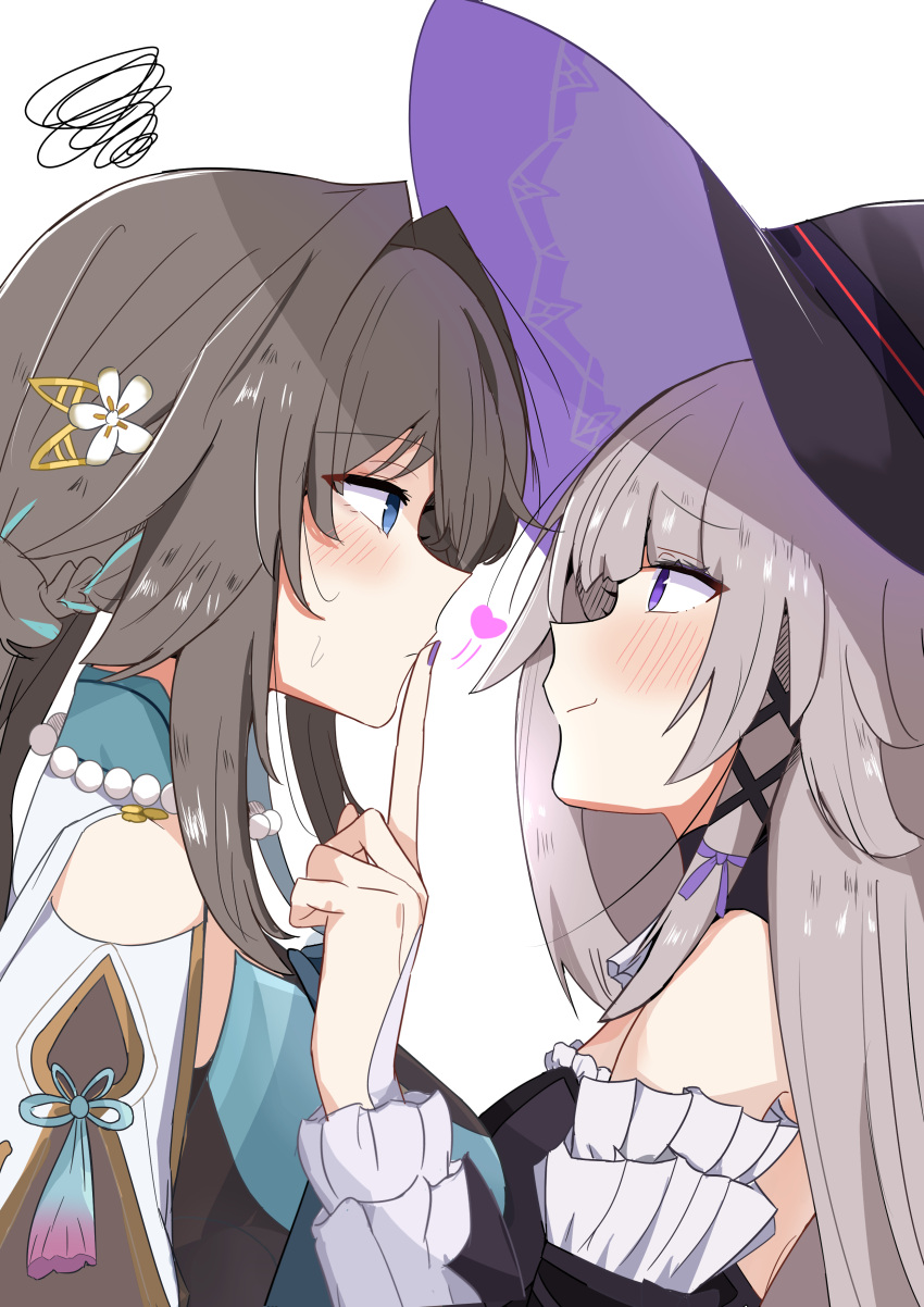 2girls, absurdres, akabeko123, blue_dress, blue_eyes, blush, brown_hair, closed_mouth, clothing_cutout, commentary_request, detached_sleeves, dress, eye_contact, finger_to_another's_mouth, flower, from_side, hair_flower, hair_ornament, hat, heart, herta_(honkai:_star_rail), highres, honkai:_star_rail, honkai_(series), long_hair, looking_at_another, multiple_girls, profile, purple_hat, ruan_mei_(honkai:_star_rail), shoulder_cutout, simple_background, smile, squiggle, sweatdrop, the_herta_(honkai:_star_rail), violet_eyes, white_background, white_flower, witch_hat, yuri