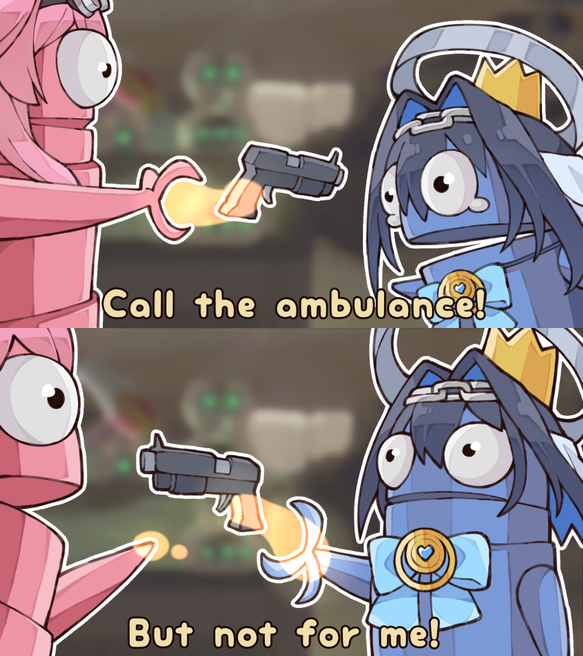 2others, aiming, blue_bow, blue_bowtie, blue_hair, bow, bowtie, call_an_ambulance_but_not_for_me_(meme)