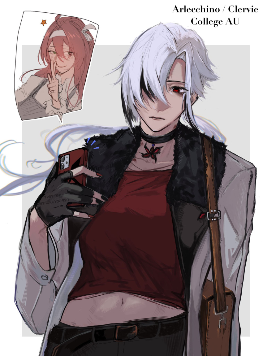 2girls, alternate_costume, arlecchino_(genshin_impact), arm_at_side, bag, belt, black_eyes, black_gloves, black_hair, black_nails, casual, cellphone, choker, clervie_(genshin_impact), closed_mouth, coat, english_commentary, english_text, floating_hair, genshin_impact, gloves, grey_coat, grey_hair, hair_between_eyes, hair_over_one_eye, hairband, hand_up, hickey, highres, holding, holding_phone, long_sleeves, looking_at_object, looking_at_phone, low_ponytail, midriff_peek, multicolored_hair, multicolored_nails, multiple_girls, navel, open_clothes, open_coat, parted_lips, partially_fingerless_gloves, phone, ponytail, red_hair, red_nails, red_pupils, red_shirt, shirt, shoulder_bag, smartphone, smile, stomach, symbol-shaped_pupils, taut_clothes, taut_shirt, tsukuyo_90929, two-tone_hair, upper_body, v, x-shaped_pupils
