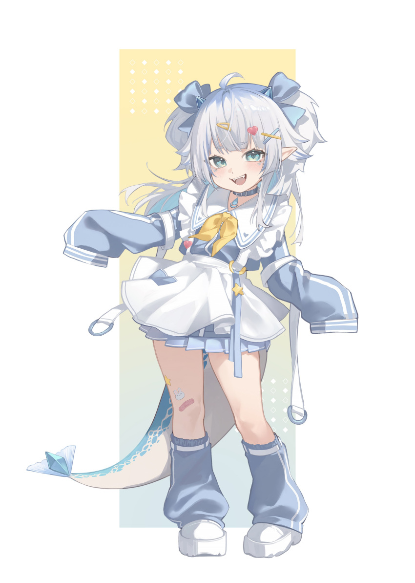 1girl, :d, absurdres, aged_down, ahoge, apron, aqua_eyes, bandaid