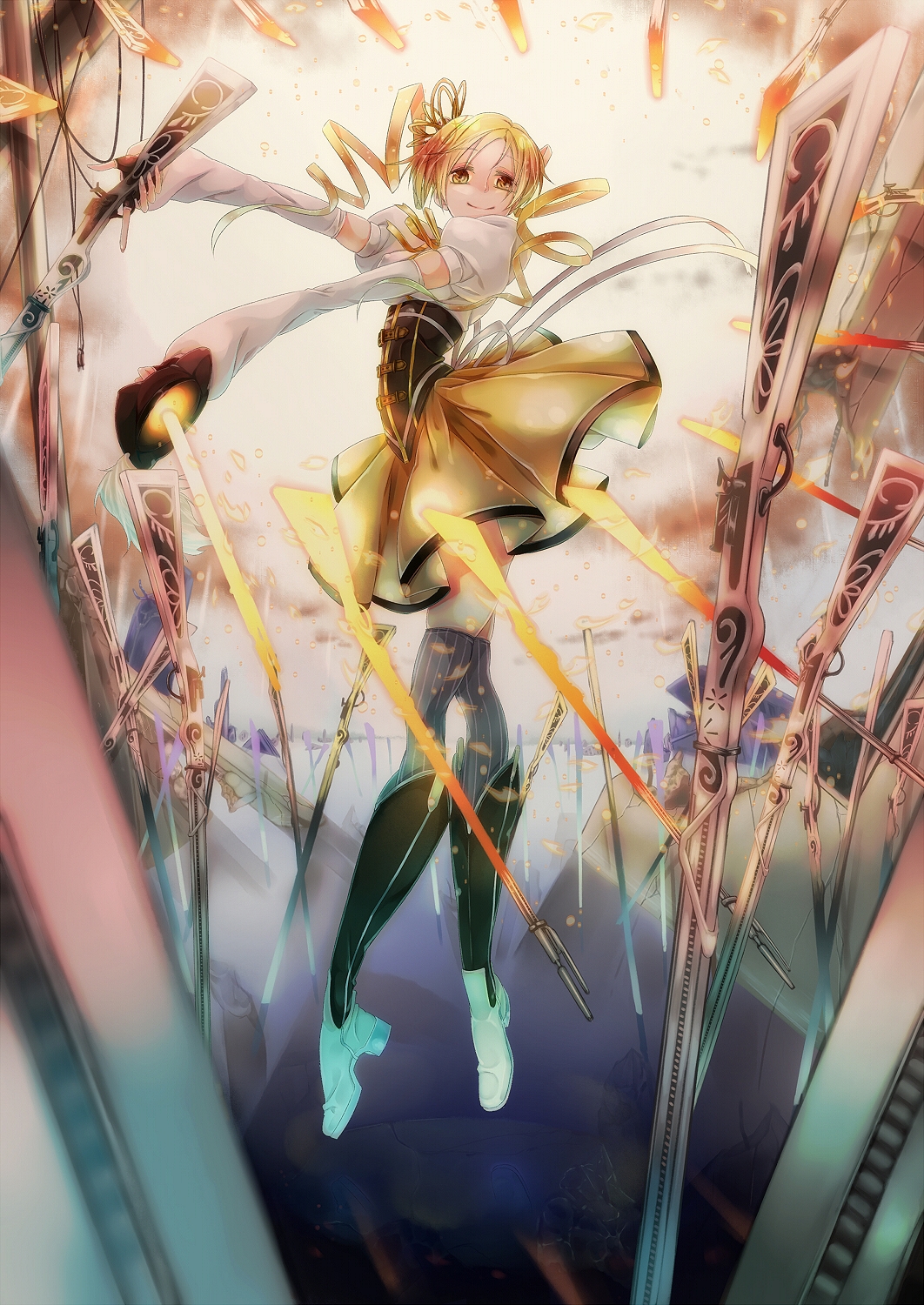 arched_back, beret, blonde_hair, blurry, boots, brown_legwear, corset, depth_of_field