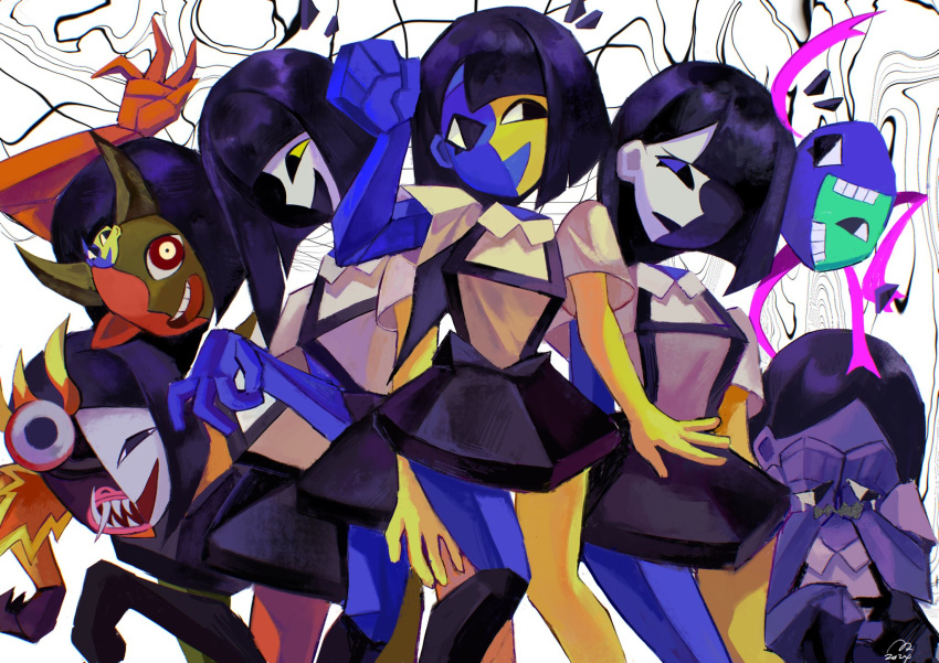 black_hair, blue_skin, blunt_bangs, blunt_ends, bob_cut, colored_skin, ena_(demon)_(joel_g), ena_(diablada)_(joel_g), ena_(drunk)_(joel_g), ena_(full_sadness)_(joel_g), ena_(joel_g), ena_(mask)_(joel_g), ena_(sad)_(joel_g), ena_(sadder)_(joel_g), ena_(series), highres, multicolored_skin, open_mouth, red_skin, teeth, usagimarumei