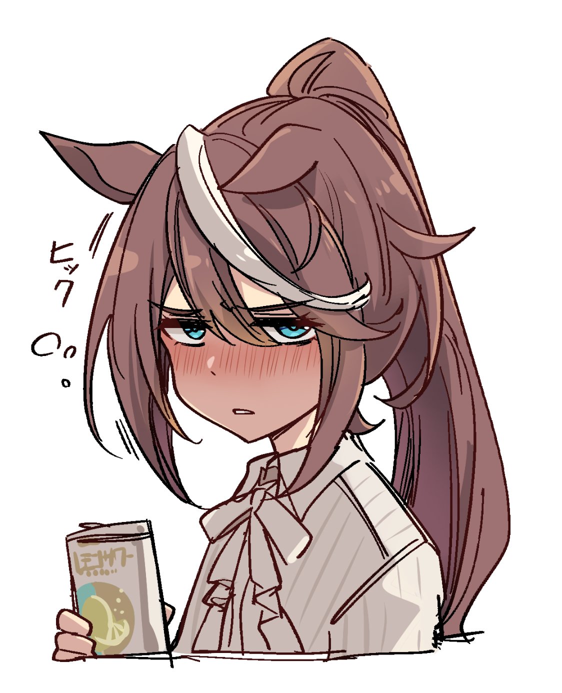 1girl, animal_ears, blue_eyes, blush, brown_hair, can, collared_shirt, dress_shirt, drink_can, drunk, highres, horse_ears, horse_girl, ido_(teketeke), long_hair, looking_at_viewer, multicolored_hair, neck_ribbon, nose_blush, ponytail, ribbon, shirt, simple_background, solo, streaked_hair, tokai_teio_(umamusume), umamusume, upper_body, white_background, white_hair, white_ribbon, white_shirt
