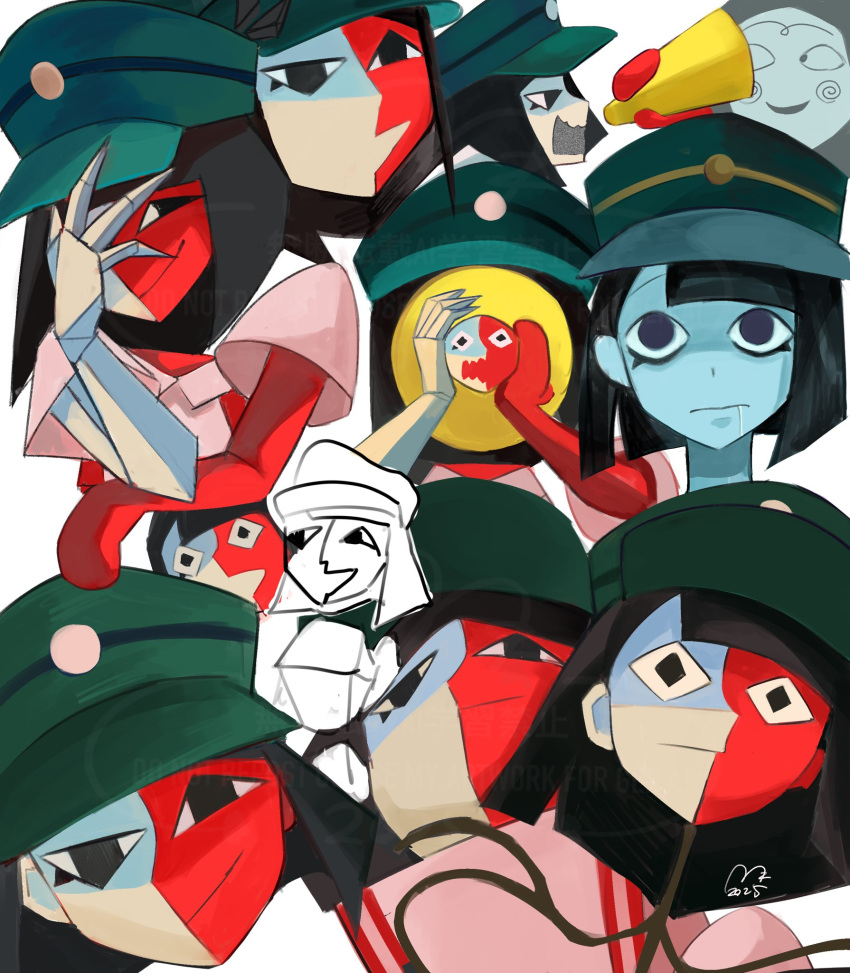 black_eyes, black_hair, blue_skin, blunt_bangs, blunt_ends, bob_cut, colored_skin, ena:_dream_bbq