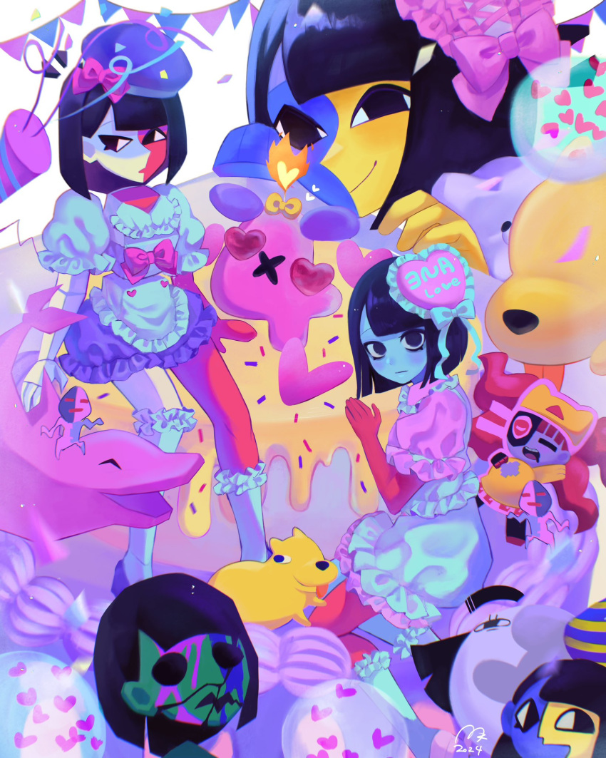 black_eyes, black_hair, blue_skin, blunt_bangs, blunt_ends, blush, bob_cut, colored_skin