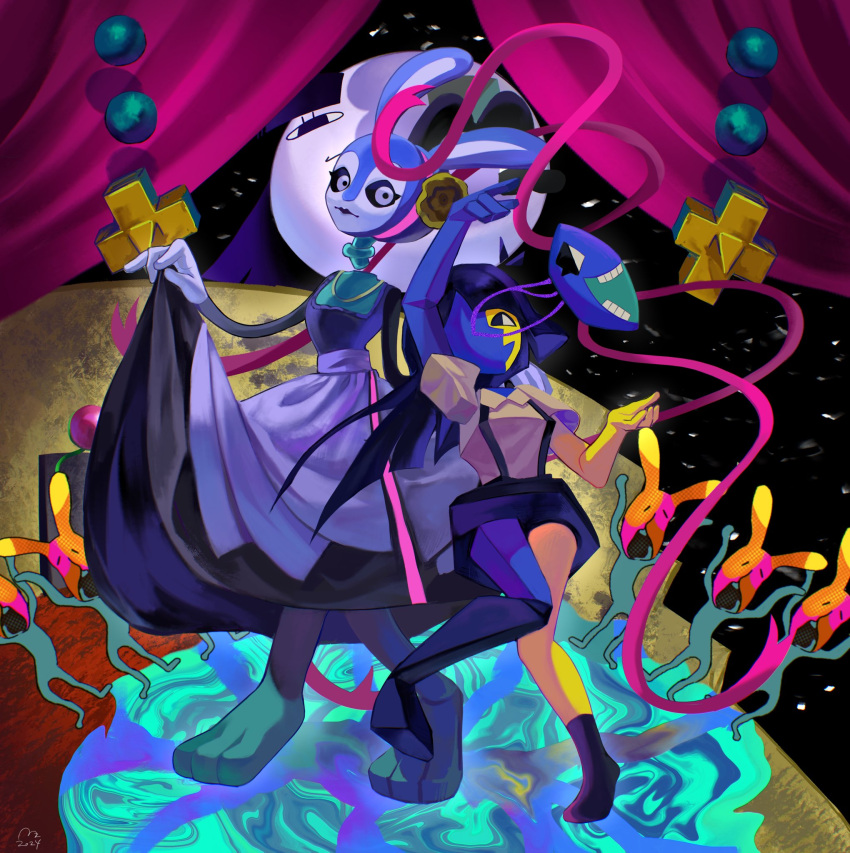 animal_feet, black_hair, blue_skin, blunt_bangs, colored_skin, dress, ena_(joel_g), ena_(mask)_(joel_g)