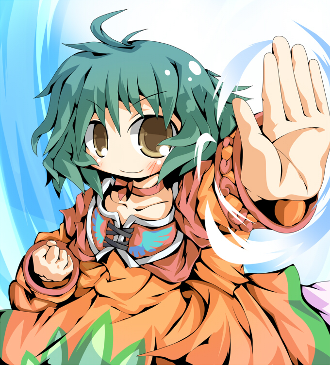 ahoge, blush, brown_eyes, caraduki, choker, dress, farah_oersted, fist