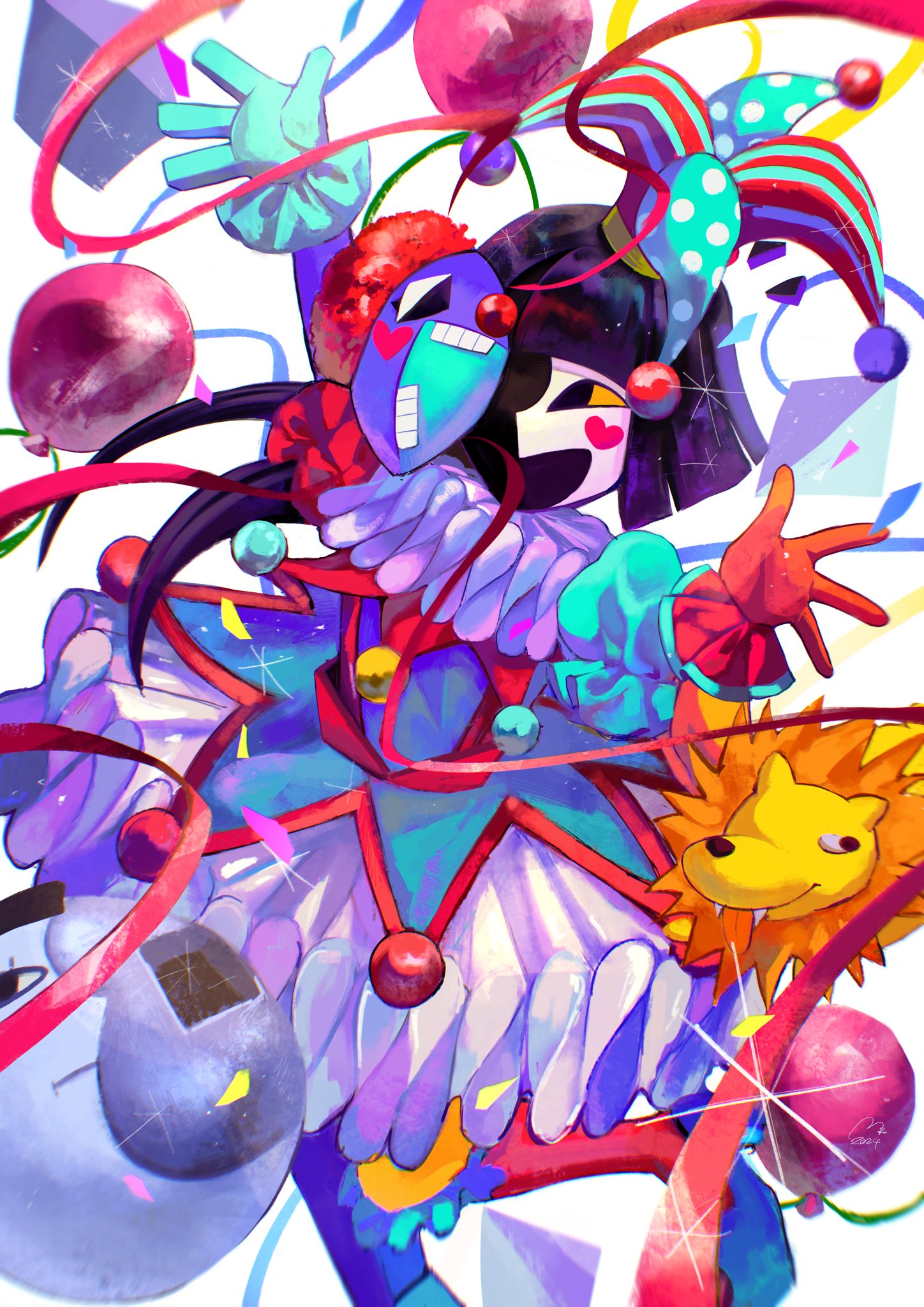 balloon, black_hair, blunt_ends, bob_cut, clown, dress, ena_(drunk)_(joel_g), ena_(joel_g)