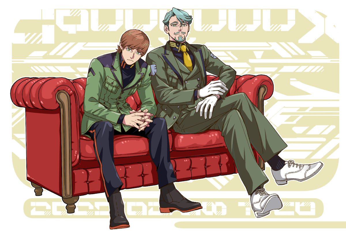 2boys, beard, border, brown_hair, challia_bull, collared_shirt, couch, facial_hair