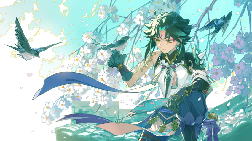 1boy, ahoge, armor, bird, bird_on_hand, black_gloves, blue_pants, diamond_facial_mark