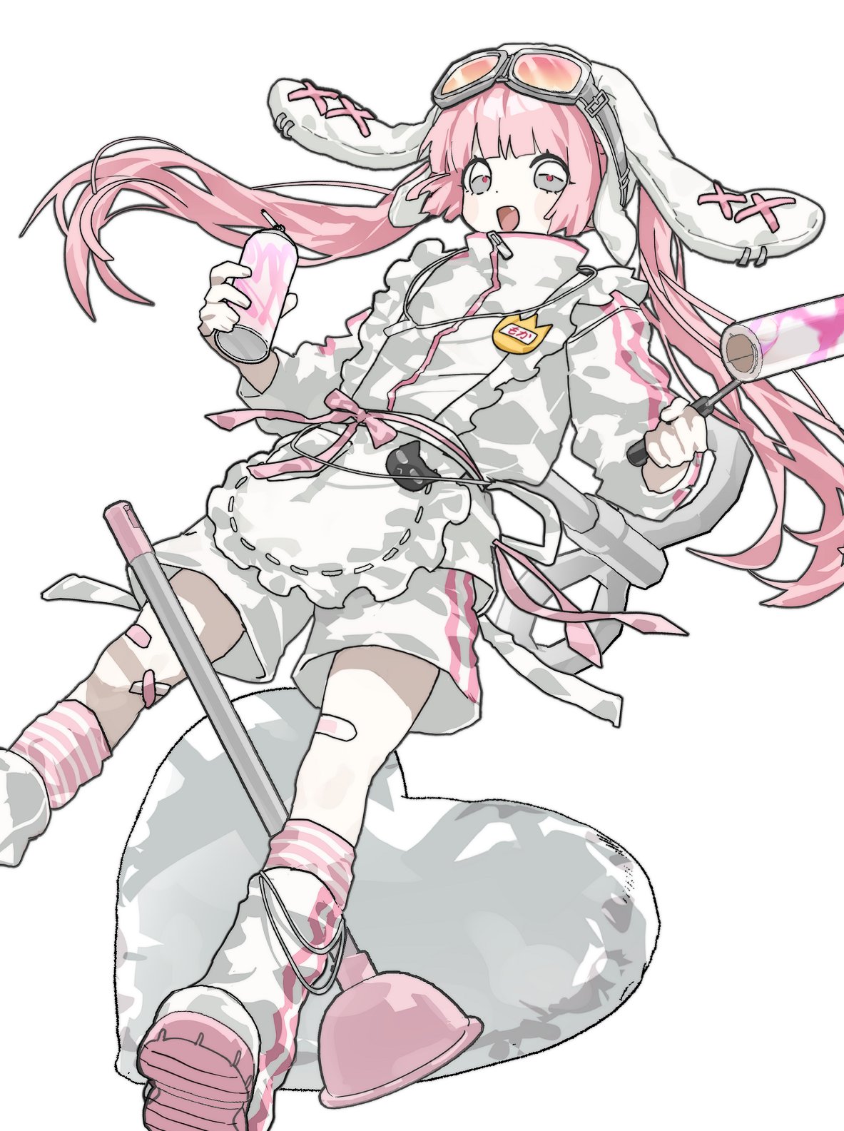 1girl, apron, bandaid, bandaid_on_leg, dot_nose, fang, highres, holding