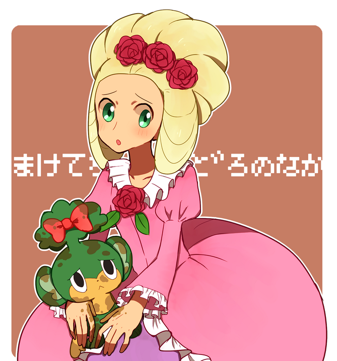 1boy, ako_(ako0905), blonde_hair, blush, border, brown_background, cilan_(pokemon), crossdressing