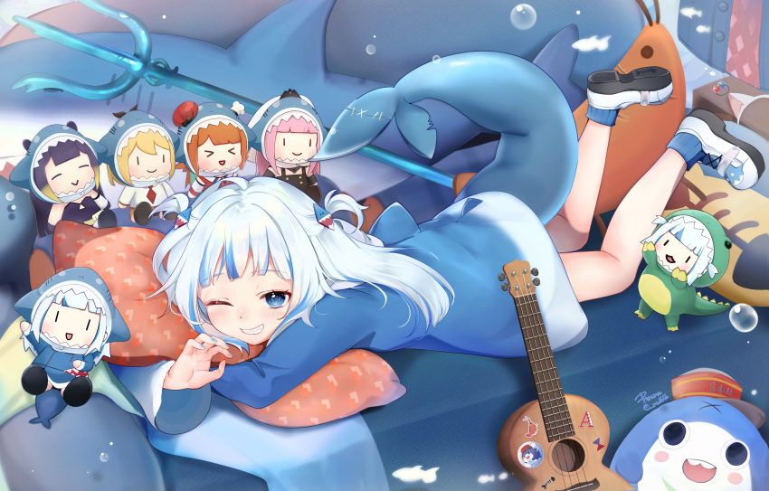 1girl, absurdres, bloop_(gawr_gura), blue_dress, blue_eyes, blue_hair, blue_nails, blush