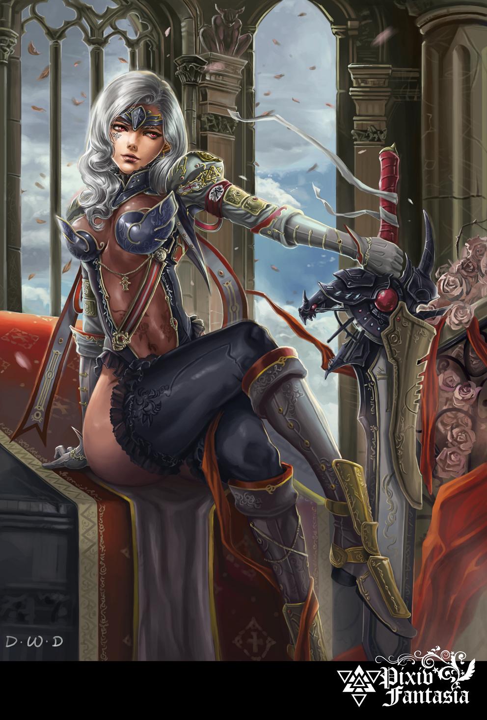 armband, armor, boots, breasts, cleavage, cloud, clouds, crossed_legs, dantewontdie, face, face_paint, face_tattoo, facepaint, facial_mark, facial_tattoo, flower, forehead_protector, gloves, headband, highres, indoors, knee_boots, leaf, legs_crossed, light_smile, lips, long_hair, petals, pink_eyes, pink_rose, pixiv_fantasia, pixiv_fantasia_5, red_eyes, ribbon, rose, silver_hair, sitting, sky, solo, sword, tattoo, thigh-highs, thighhighs, weapon