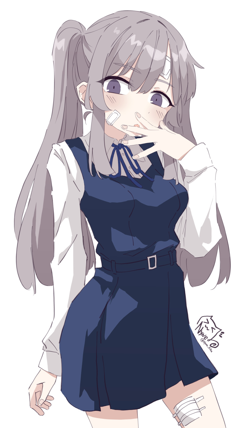 1girl, :o, absurdres, bandaid, bandaid_on_cheek, bandaid_on_face, bandaid_on_forehead, blue_dress