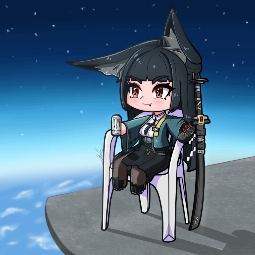 1girl, animal_ears, fox_ears, hoshimi_miyabi, katana, long_hair, monobloc_(chair), sitting