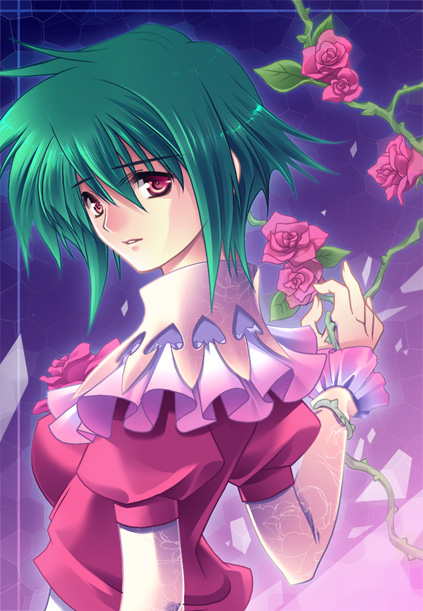 ahoge, asellus, flower, green_hair, kanikame, payot, purple_background, red_eyes