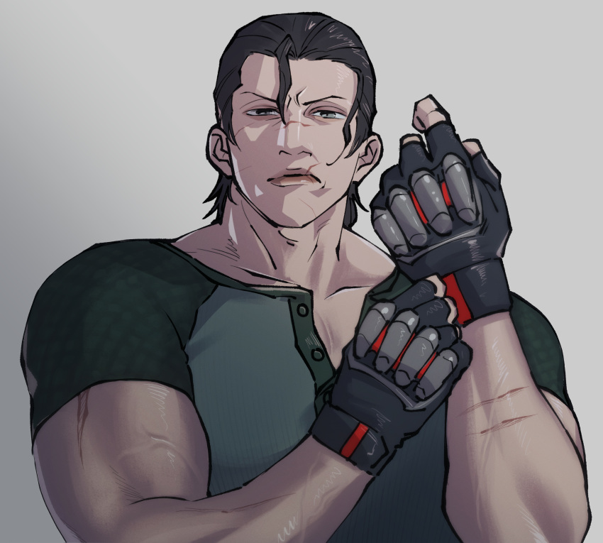 1boy, absurdres, black_gloves, black_hair, fingerless_gloves, frown, furrowed_brow, gloves