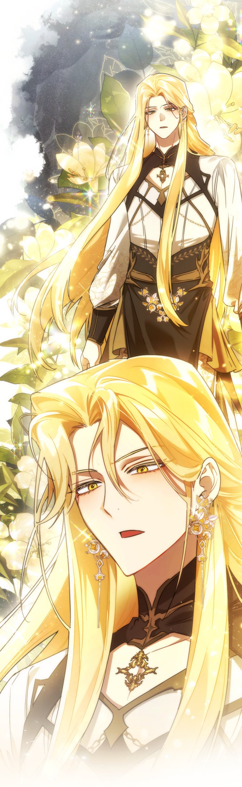 1boy, absurdres, arms_at_sides, black_robe, blonde_hair, brooch, collarbone, cowboy_shot