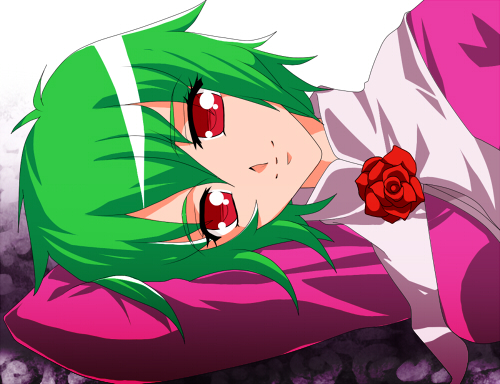 ahoge, asellus, flower, green_hair, lowres, lying, messy_hair, oshiruko_(tsume)