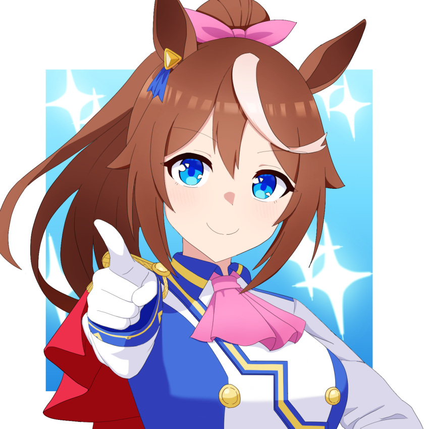 1girl, animal_ears, ascot, blue_background, blue_eyes, blue_shirt, border, brown_hair