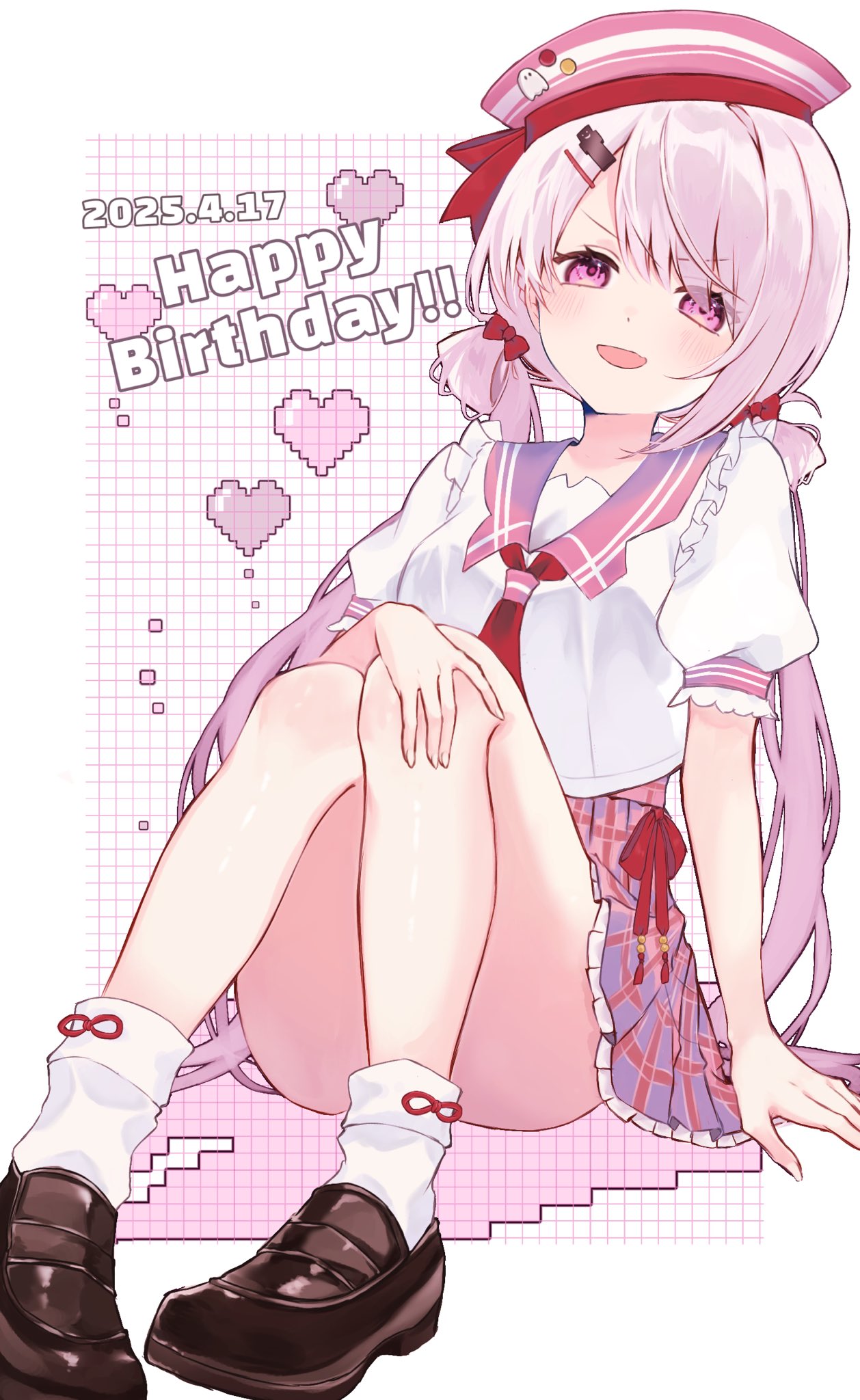 1girl, blush, bow, brown_shoes, commentary_request, dated, ghost_hat_ornament, hair_bow