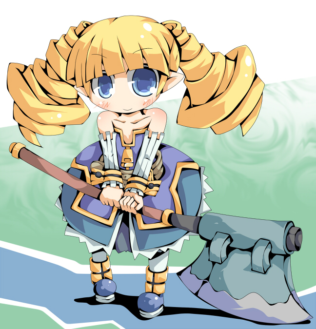axe, bad_id, bare_shoulders, belt, blonde_hair, blue_eyes, blush, caraduki, carazuki, demon_girl, disgaea, dress, drill_hair, elf, long_hair, nippon_ichi, pantyhose, pointy_ears, shoes, simple_background, smile, solo, twintails, weapon, white_legwear, white_pantyhose