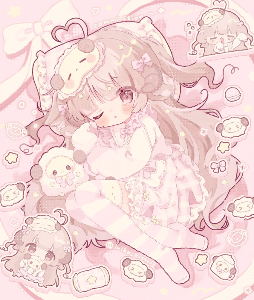 1girl, ;o, ahoge, blunt_bangs, blush, borrowed_character, bow, brown_eyes