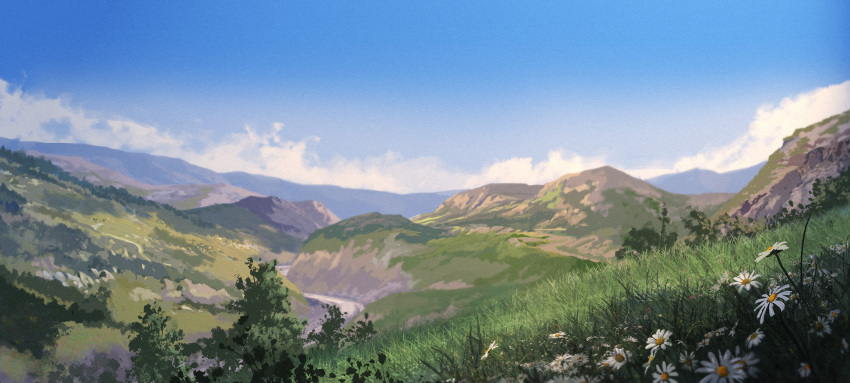 bush, clouds, day, flower, grass, highres, hill, mountainous_horizon