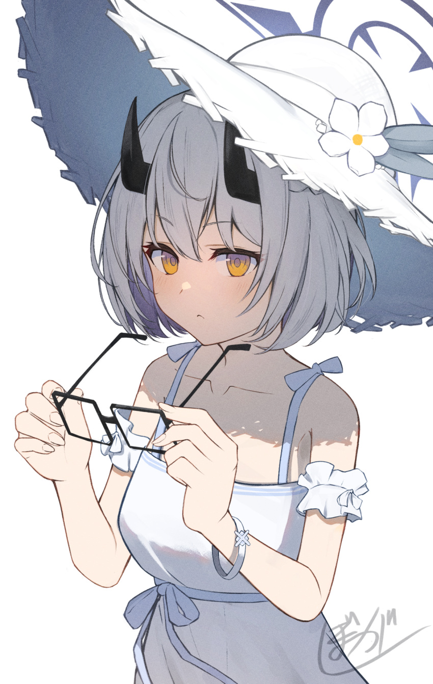 1girl, armband, artist_name, blue_archive, bougashi, bracelet, collarbone, demon_horns