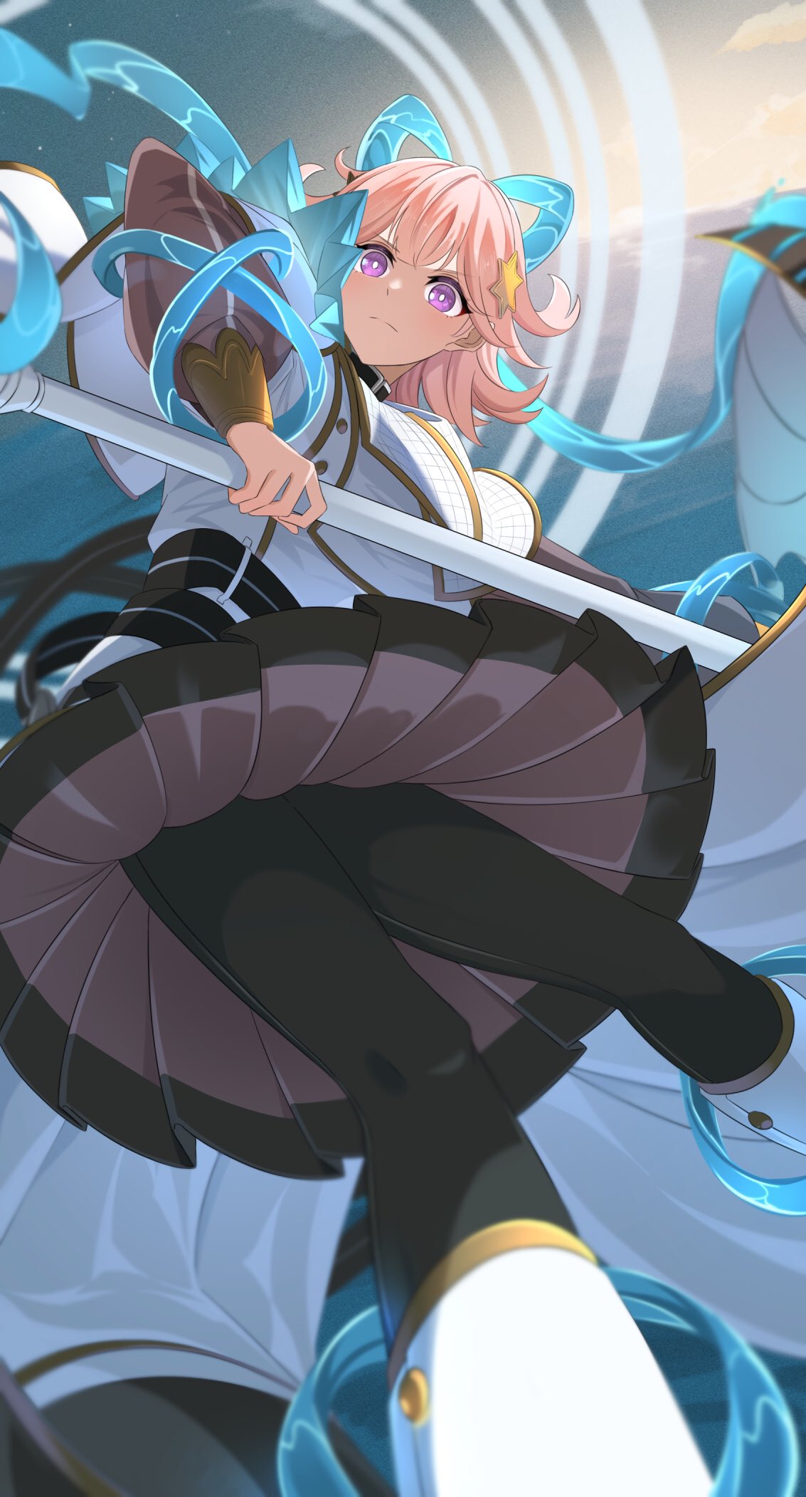 1girl, black_pantyhose, blush, closed_mouth, exosister_kaspitell, exosister_stella, hair_ornament, heichi