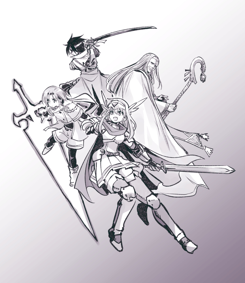 1girl, 3boys, boots, cape, commentary, disciple_(ishiyumi), energy_sword, genna_forten_renan_(ishiyumi)