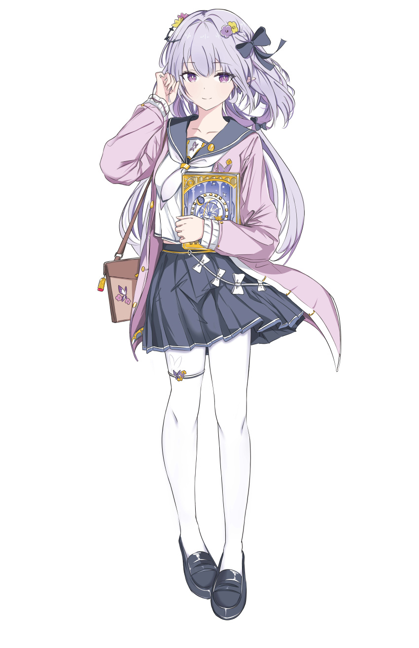 1girl, absurdres, alternate_costume, bag, black_shoes, black_skirt, blue_bow, book