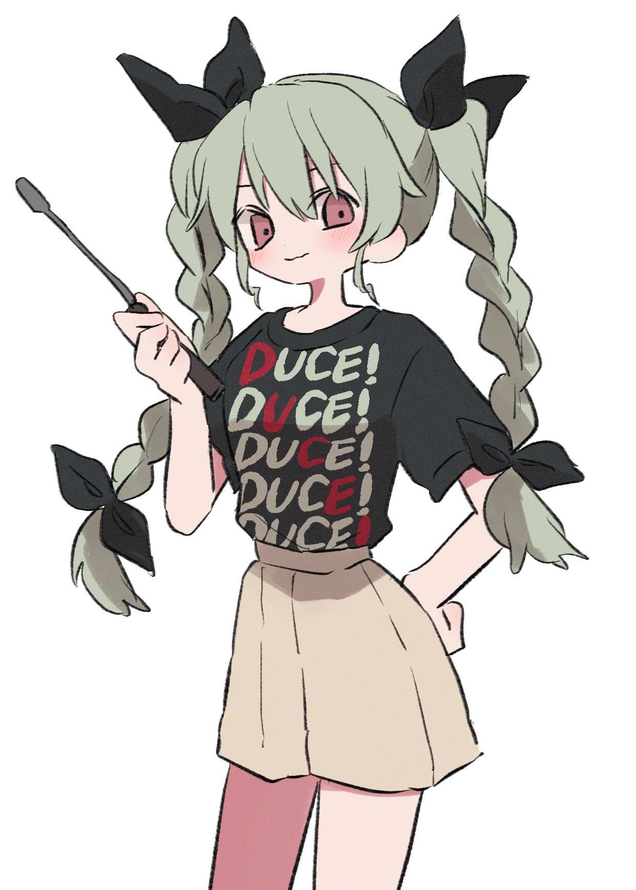 1girl, anchovy_(girls_und_panzer), black_ribbon, black_shirt, blush, braid, casual, closed_mouth