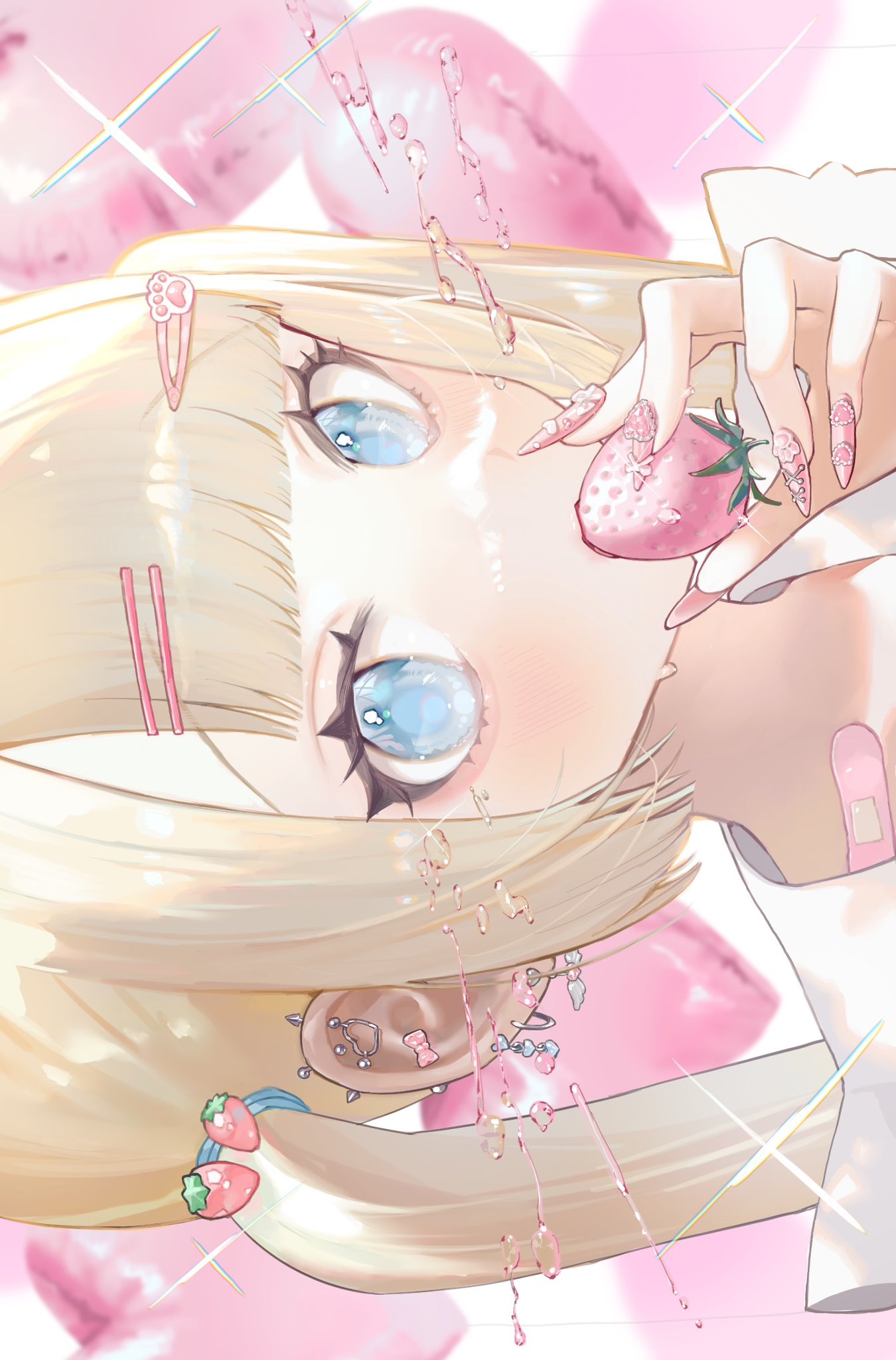 1girl, balloon, bandaid, bandaid_on_neck, blonde_hair, blue_eyes, blunt_bangs, blurry