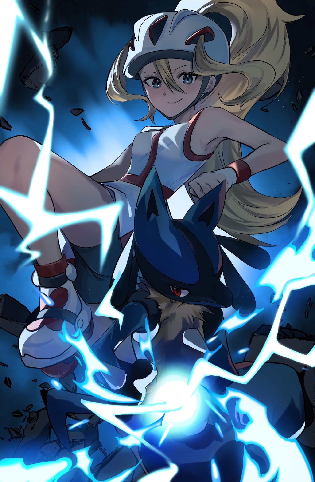 1girl, anonymous84268, aura_sphere_(pokemon), bike_shorts, black_shorts, blonde_hair, blue_eyes, closed_mouth
