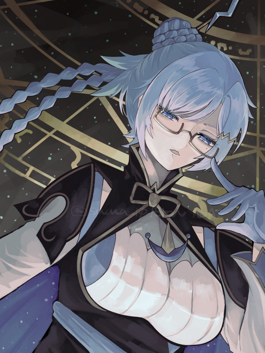 1girl, absurdres, blue_eyes, blue_gloves, blue_hair, braid, breasts, brooch