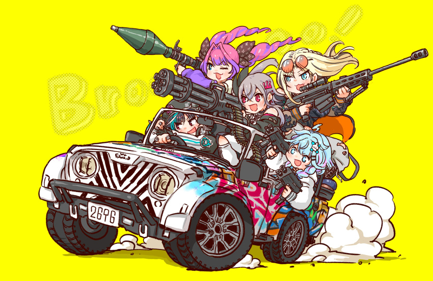 5girls, :3, absurdres, anti-materiel_rifle, b&amp;t_mp9, barrett_m82, blonde_hair, blue_eyes