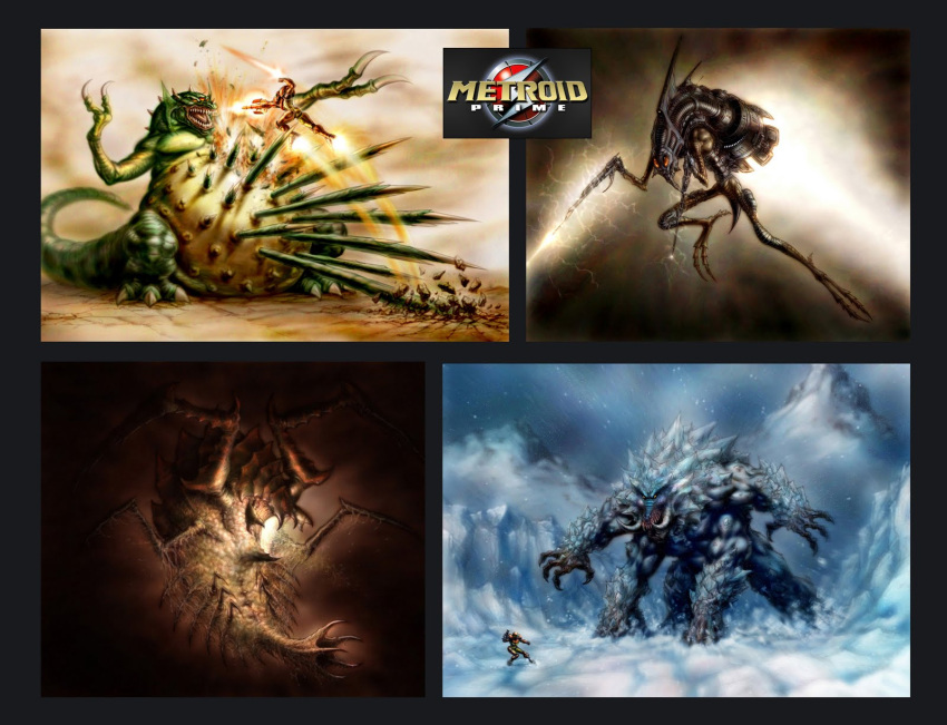 epic, fighting, greg_luzniak, highres, ice, kraid, metroid, parasite_queen, power_suit, samus_aran, size_difference, snow