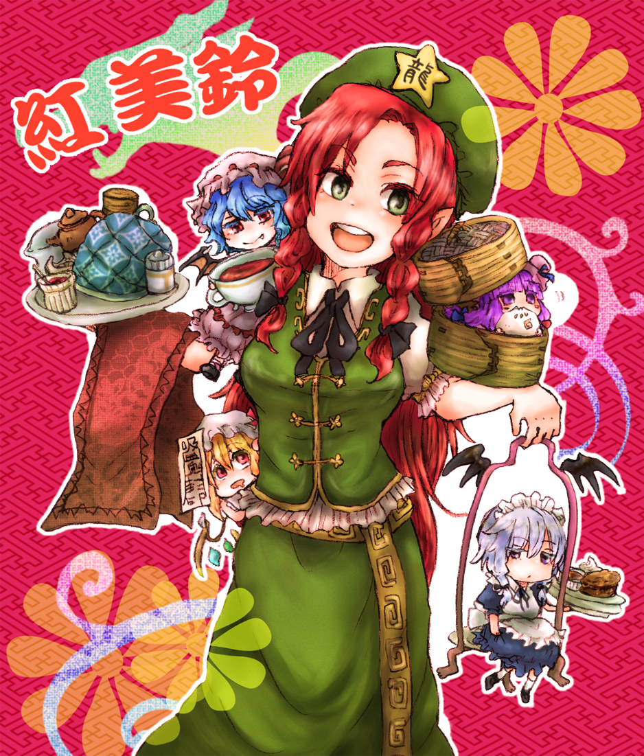 5girls, bat_wings, blonde_hair, blue_eyes, blue_hair, blush, braid, china_dress, chinese_clothes, crescent, flandre_scarlet, food, green_eyes, hat, hong_meiling, izayoi_sakuya, long_hair, minigirl, multiple_girls, naruian, patchouli_knowledge, purple_eyes, purple_hair, red_eyes, red_hair, redhead, remilia_scarlet, short_hair, silver_hair, tea, touhou, twin_braids, violet_eyes, wings