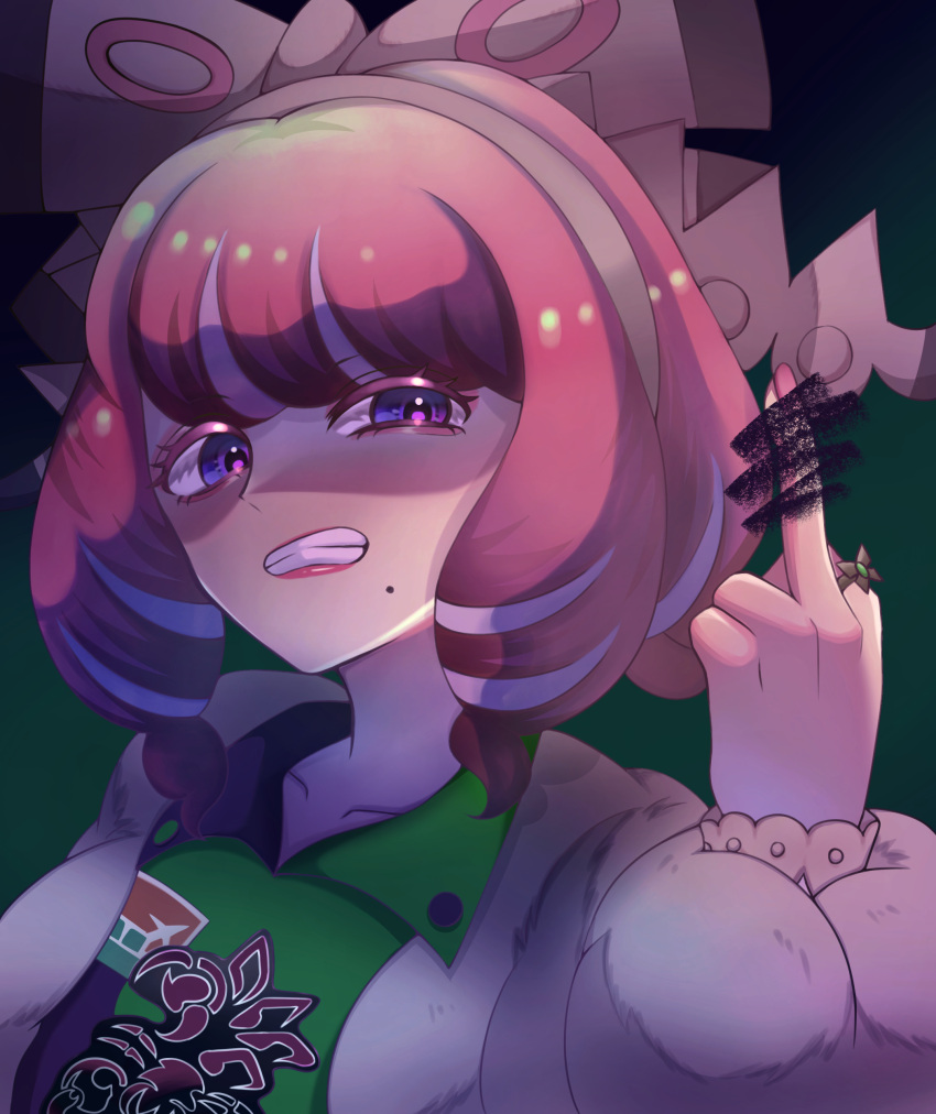 1girl, absurdres, aimizindesse, bow, bracelet, breasts, censored, clenched_teeth, coat, collarbone, collared_shirt, drill_hair, eyeshadow, flipped_hair, fur_coat, fur_jacket, hair_bow, hairband, half-closed_eye, highres, jacket, jewelry, klara_(pokemon), makeup, medium_breasts, middle_finger, mole, mole_under_mouth, pink_eyeshadow, pink_hair, pink_lips, pokemon, pokemon_swsh, print_shirt, ring, shirt, short_hair, solo, teeth, twin_drills, upper_body, v-shaped_eyebrows, violet_eyes, white_bow, white_hairband