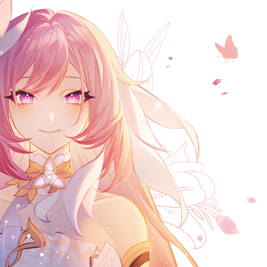 1girl, bare_shoulders, chinese_commentary, closed_mouth, collarbone, commentary_request, diamond-shaped_pupils, diamond_(shape), elysia_(herrscher_of_human:_ego)_(honkai_impact), elysia_(honkai_impact), hair_ornament, highres, honkai_(series), honkai_impact_3rd, long_hair, looking_at_viewer, pink_hair, portrait, sang_sha, simple_background, smile, solo, straight-on, symbol-shaped_pupils, triquetra, violet_eyes, white_background