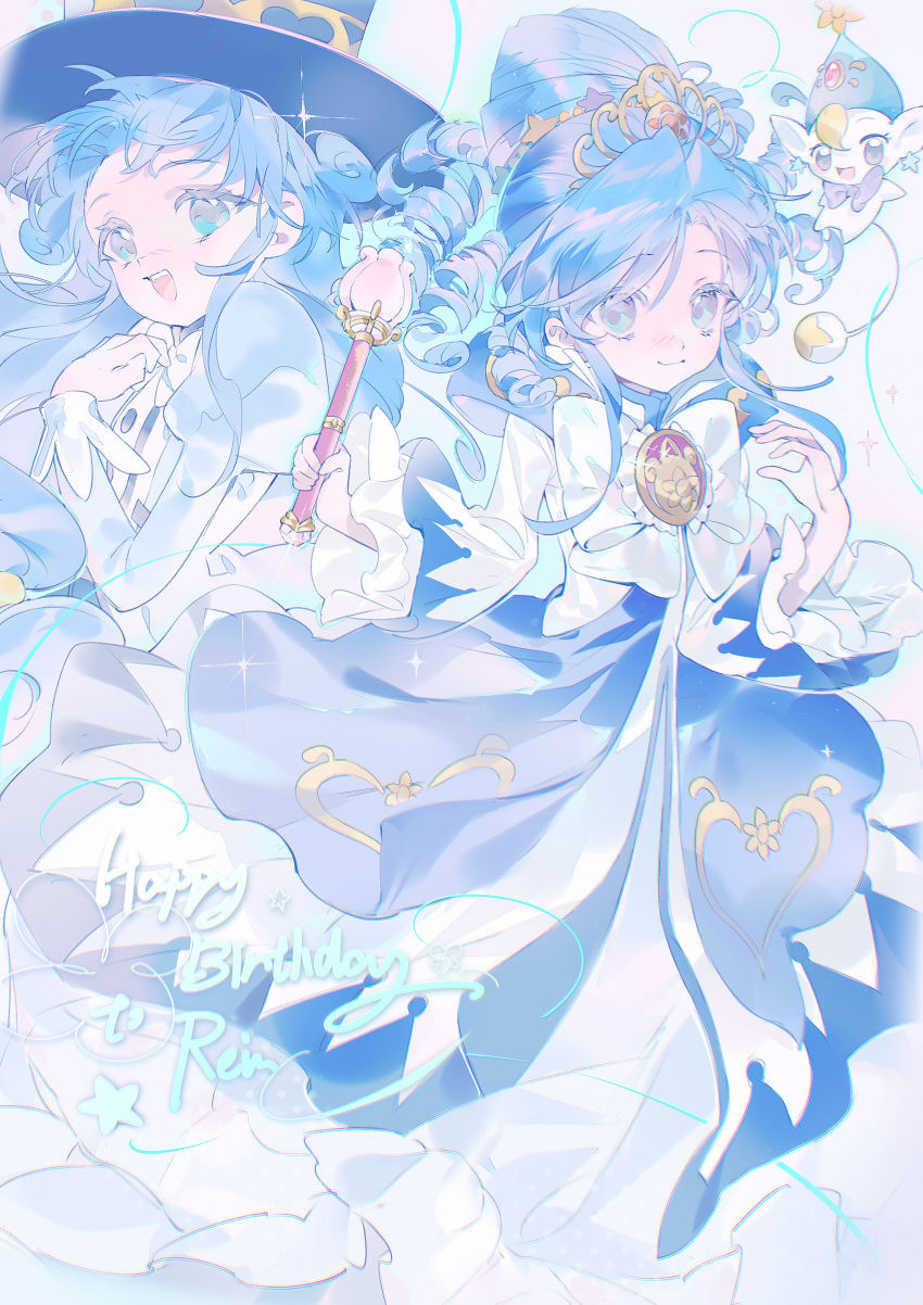 2girls, absurdres, blue_dress, blue_eyes, blue_hair, blue_hat, blue_outline, blue_skirt