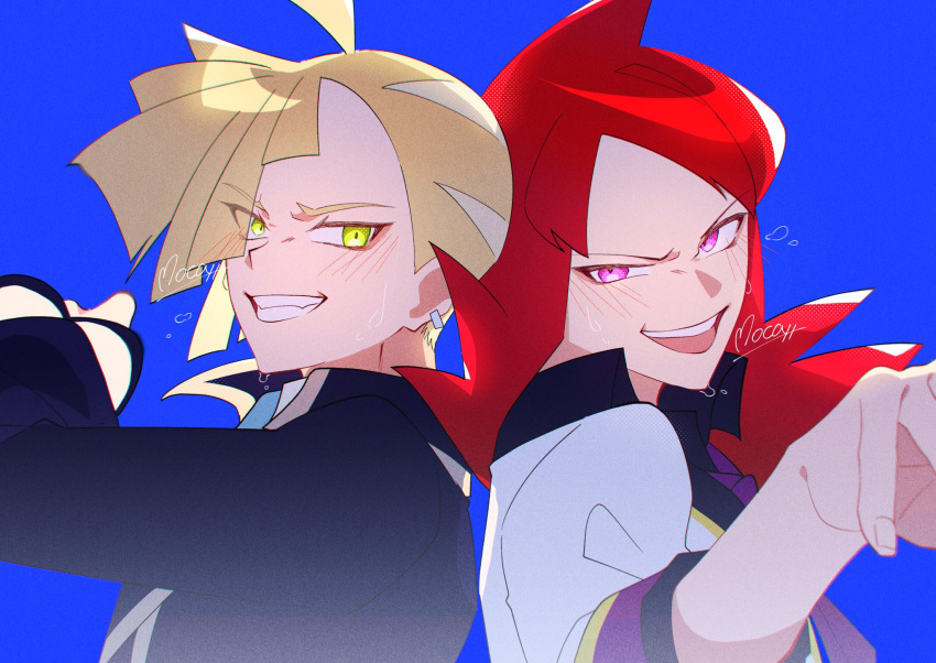 2boys, :d, ahoge, black_shirt, blonde_hair, collared_shirt, commentary_request, earrings