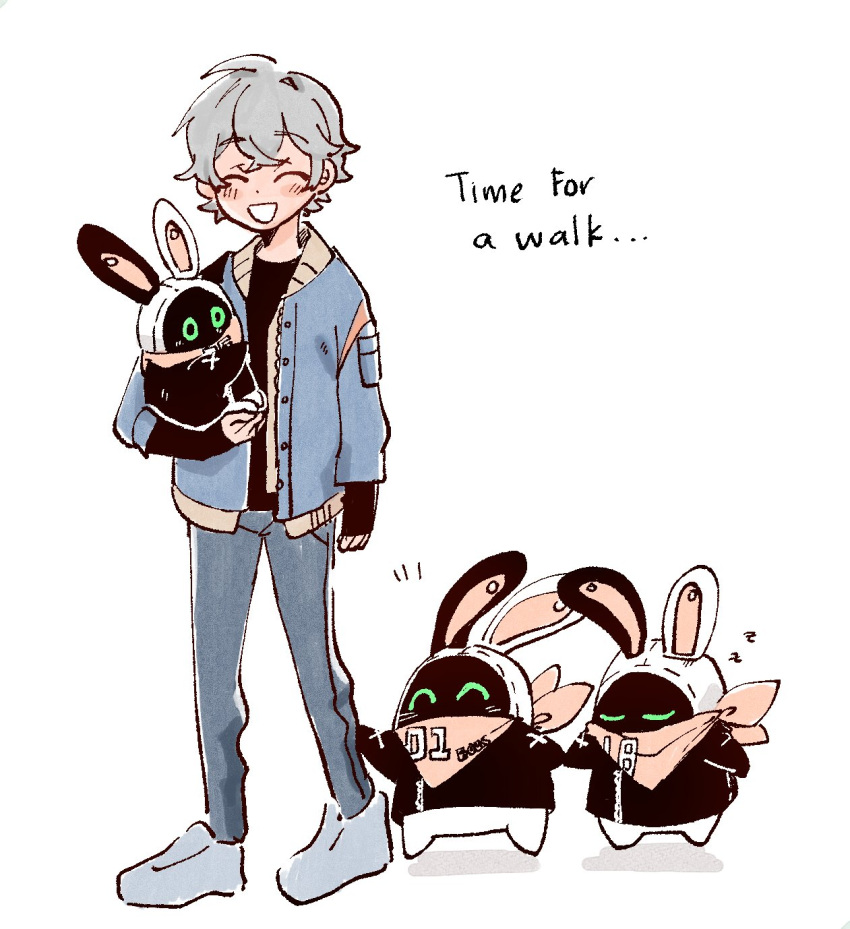 1boy, 3others, ^_^, bandana, bandana_around_neck, bangboo_(zenless_zone_zero), bangboo_18_(zenless_zone_zero), bangboo_6_(zenless_zone_zero), black_pants, black_shirt, blue_jacket, blush, closed_eyes, crossed_bangs, english_commentary, english_text, eous_(zenless_zone_zero), grey_hair, hair_between_eyes, highres, jacket, maxiemaxxx99, multiple_others, open_mouth, orange_bandana, pants, shirt, shoes, simple_background, smile, sneakers, white_background, wise_(zenless_zone_zero), zenless_zone_zero