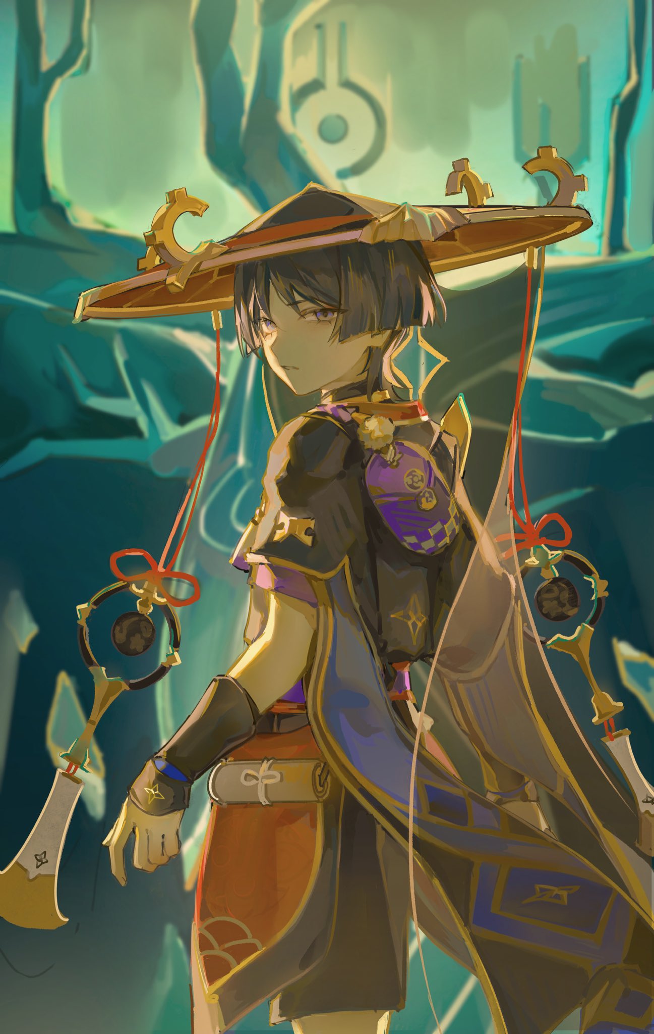 1boy, armor, arms_at_sides, black_hair, black_kimono, black_shorts, black_sleeves, black_veil