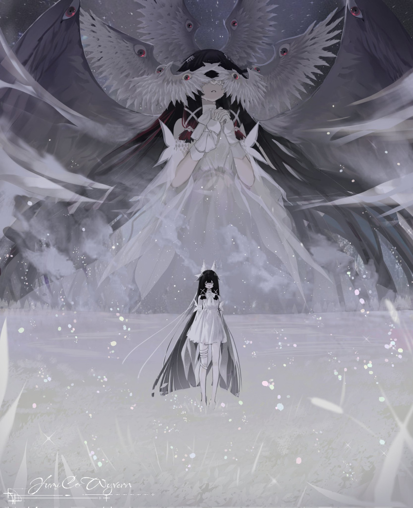 1girl, absurdly_long_hair, arms_behind_back, artist_name, bandaged_leg, bandages, black_hair, blunt_ends