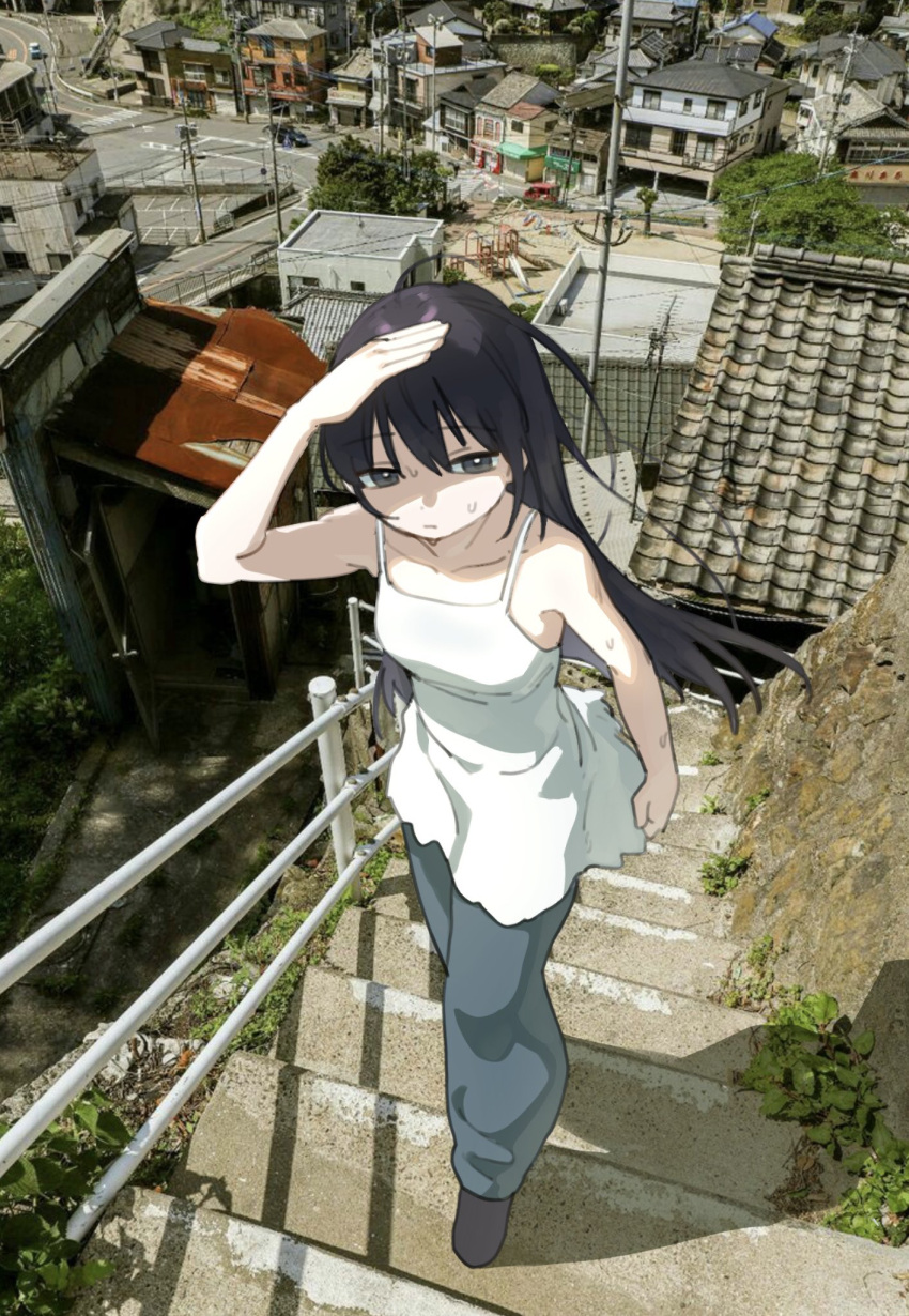 1girl, bare_shoulders, black_eyes, black_hair, building, city, day, dress